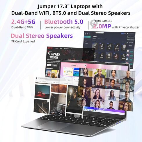 كمبيوتر محمول Jumper 17.3 بوصة، كمبيوتر محمول مع 24 جيجابايت LPDDR4 512 جيجابايت SSD، وحدة المعالجة المركزية Celeron N5095 (حتى 2.9 جيجا هرتز)، رباعي النواة، شاشة FHD IPS 1920x1200، بطارية 38WH، مكبرات صوت مزدوجة، 2.4G+5G WiFi، BT5.0، 16:10 . in Saudi Arabia