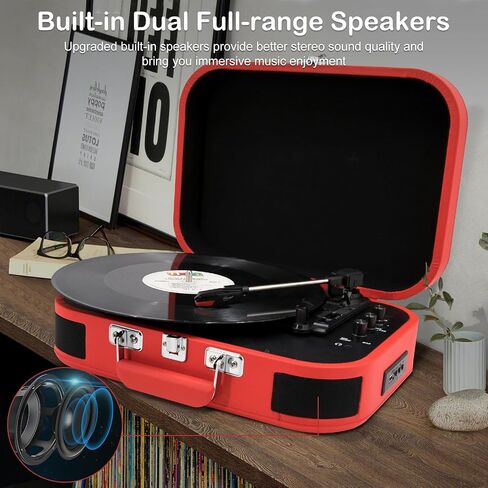 LP&No.1 Vinyl Record Player, 3-Speed Belt-Drive Turntable with Stereo Speakers, USB Playback & Recording, Wireless Input & Output, Auto-Stop | Pitch Control | RCA | AUX-in | Headphone Jack | Red in Saudi Arabia