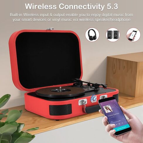 LP&No.1 Vinyl Record Player, 3-Speed Belt-Drive Turntable with Stereo Speakers, USB Playback & Recording, Wireless Input & Output, Auto-Stop | Pitch Control | RCA | AUX-in | Headphone Jack | Red in Saudi Arabia