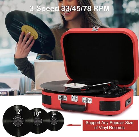 LP&No.1 Vinyl Record Player, 3-Speed Belt-Drive Turntable with Stereo Speakers, USB Playback & Recording, Wireless Input & Output, Auto-Stop | Pitch Control | RCA | AUX-in | Headphone Jack | Red in Saudi Arabia