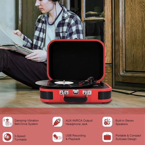 LP&No.1 Vinyl Record Player, 3-Speed Belt-Drive Turntable with Stereo Speakers, USB Playback & Recording, Wireless Input & Output, Auto-Stop | Pitch Control | RCA | AUX-in | Headphone Jack | Red in Saudi Arabia