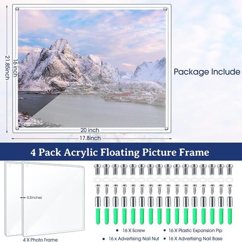 Chunful 4 Pack Clear 16 x 20 Inch Acrylic Wall Mount Floating Frameless Picture Frame Display Photo Frame Bulk for Poster Photography Collage Frames Double Panel Home Office Living Room Decor in Saudi Arabia