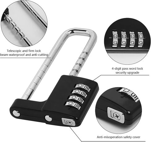 U Shaped Padlock 4 Digit Combination Lock with Adjustable Long Shackle Stainless Steel Cabinet Lock Gym Locker Lock for Outdoor, School,Sports Lockers,Fences (Black) in Saudi Arabia