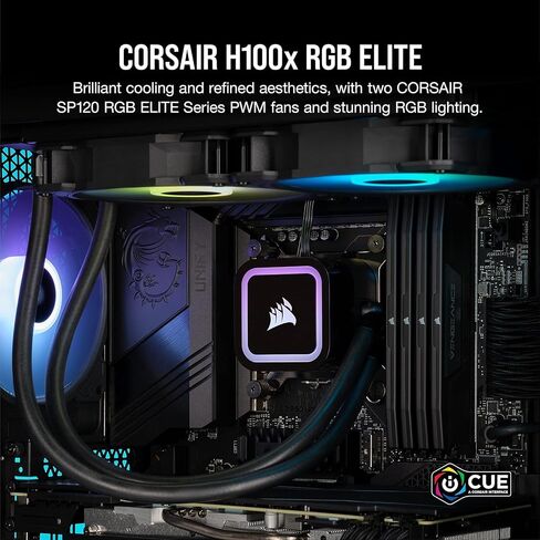 مبرد وحدة المعالجة المركزية السائل Corsair H100x RGB Elite (CW-9060065-WW2) لسطح المكتب-32 مصابيح LED ديناميكية SP120 سلسلة PWM مع AirGuide Intel® LGA 1700، 1200، 115X، 2066، AMD® AM5/AM4 مقابس سوداء (متجددة) in Kuwait