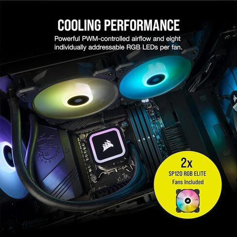 مبرد وحدة المعالجة المركزية السائل Corsair H100x RGB Elite (CW-9060065-WW2) لسطح المكتب-32 مصابيح LED ديناميكية SP120 سلسلة PWM مع AirGuide Intel® LGA 1700، 1200، 115X، 2066، AMD® AM5/AM4 مقابس سوداء (متجددة) in Kuwait