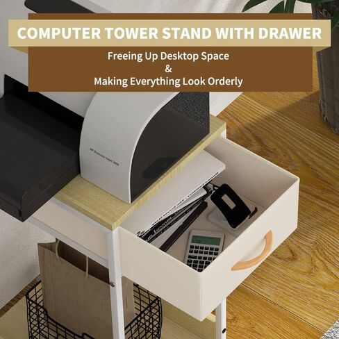 حامل برج الكمبيوتر، حامل برج الكمبيوتر، حامل وحدة المعالجة المركزية تحت المكتب مع درج تخزين، عربة طابعة على عجلات للمنزل والمكتب، أبيض in Kuwait