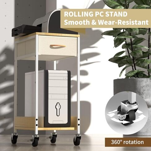 حامل برج الكمبيوتر، حامل برج الكمبيوتر، حامل وحدة المعالجة المركزية تحت المكتب مع درج تخزين، عربة طابعة على عجلات للمنزل والمكتب، أبيض in Kuwait