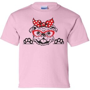 Youth Girls Georgia Football Georgia Cute Bulldog with Bow Short Sleeve T-Shirt Graphic Tee-Light Pink-Small