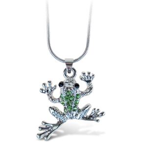 Puzzled Green Frog Necklace, 18 Inch Fashionable & Elegant Silver Chain Jewelry with Rhinestone Studded Pendant For Girls Teens Women Fashion Neck Accessory