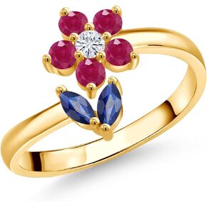 Gem Stone King 18K Yellow Gold Plated Silver Blue Sapphire Red Ruby and White Moissanite Flower Open Ring For Women (0.56 Cttw, Gemstone September Birthstone, Available In Size 5, 6, 7, 8, 9)