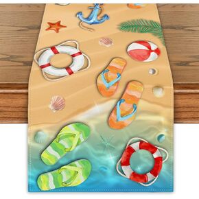 Summer Decorations Sea Shell Flip Flops Seaside Themed Summer Table Runner Anchor Starfish Life Preserver Coastal Beach Nautical Decorations Ocean Decor Holiday Decorations for Home Party