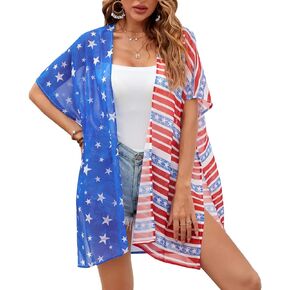 Women American Flag Kimono 4th of July Cover Up Lightweight Cardigan 4th of July Outfits for Women S-XXL