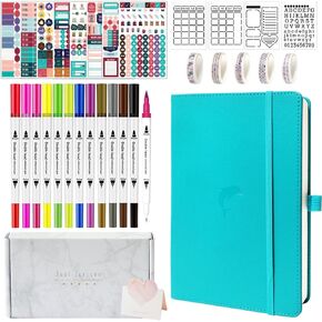 Y&I Bullet Dotted Journal Kit, A5 Hardcover Dotted Journal Notebook with 184 Numbered Pages, 120GSM Thick Paper, Stencils Stickers Pens Washi Tapes, Dotted Journaling Kit for Beginners (Brown)