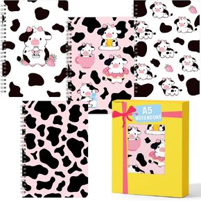 L1rabe 4 A5 Cartoon Cow Pattern Spiral Notebooks - Milk Box Pink Patches Travel Journal for Kids Teens Cute Baby Cow Pattern Hardbound College Ruled Notebooks for Teens Notepad Diary School Office Supplies Birthday Back to Shcool Gifts