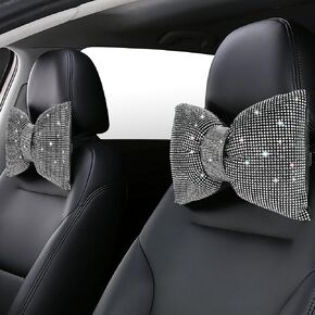 2PCS Car Pillows,Rhinestone Bowknot Neck Pillow for Car,Head Neck Support Car Headrest Pillow,Car Neck Pillow Car Headrest Neck Cushion Pillows,Bling Car Accessories for Women (Pink)
