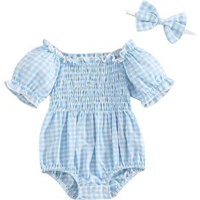 Newborn Baby Girl Summer Clothes Short Puff Sleeve Plaid Bubble Romper Smocked Frill Bodysuit with Headband