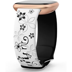 OHOTLOVE Floral Engraved Bands Compatible for Fitbit Sense Bands/Fitbit Versa 3 Bands Women/Fitbit Versa 4 Bands/Sense 2 Bands,Soft Cute Two-Tone Flower Sport Watch Strap Replacement Wristbands.