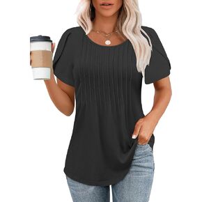 Women's Boho Floral Tops Petal Short Sleeve Tshirts Casual Crew Neck Floral Summer Blouse Pleated Casual Tunic Top