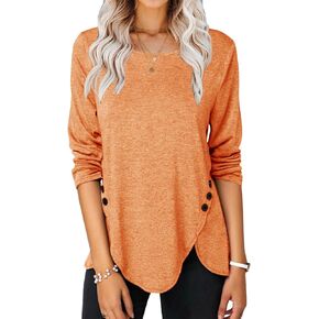 Yiantede Womens Casual Long Sleeve Blouses Tunic Crew Neck Button Side T Shirts Tops