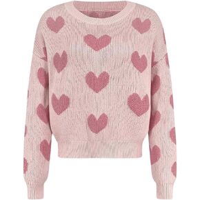 Floerns Women's Heart Print Knitwear Drop Shoulder Long Sleeve Pullover Sweaters