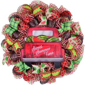 Watermelon Wreath for Front Door - Farm Truck Spring Porch Decor - Sweet Summertime - Red Lime Green Emerald