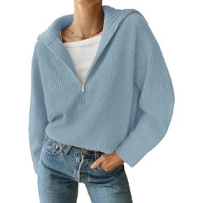 ZESICA Women's V Neck Sweaters 2024 Fall Long Sleeve Half Zipper Ribbed Knit Casual Oversized Pullover Tops