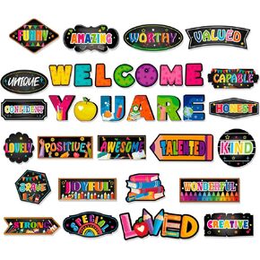 HOWAF 34pcs Chalkboard Affirmation Station Bulletin Board Set, Inspirational Cutouts for Welcome Back to School Classroom Decor, Positive Accents Cut-Outs for First Day of School Chart Wall Supplies