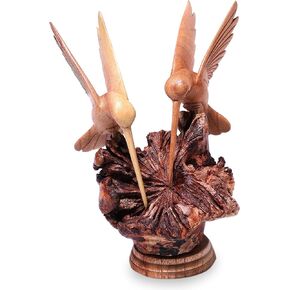 NOVICA Artisan Handcarved Wood Sculpture Jempinis Hummingbird from Bali Brown Indonesia Sustainable Animal Themed Eco Friendly NAT Geo Decor [7.5in H x 6in W x 5.5in D] ' Hummingbird Couple'