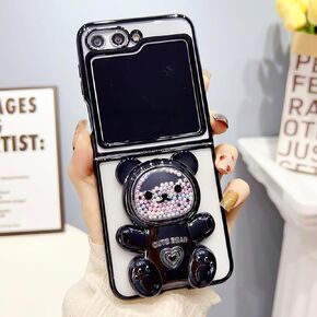 Omio Designed for Samsung Galaxy Z Flip 5 Case with Bear Hidden Stand, Luxury Clear Plating Case for Women Girls Cute Flowing Bead Quicksand Kickstand Phone Case Shockproof Slim Soft TPU Cover, Pink