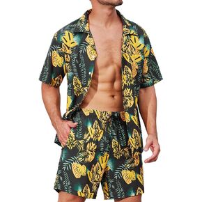 SILKWORLD Mens Hawaiian Short Set 2 Piece Casual Button Down Shirts Outfits Summer Short Sleeve Suits
