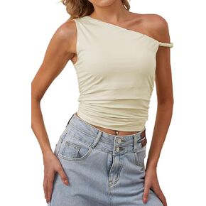 MISSACTIVER Women’s Off Shoulder Ruched Crop Tank Tops One Shoulder Twist Strap Crop Tops Summer Going Out Top Crop Shirts