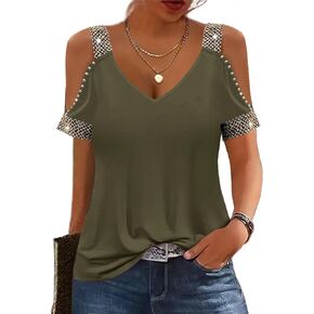 Womens Cold Shoulder Tops with Sequins V Neck Short Sleeve T Shirts Casual Loose Fit Basic Tee