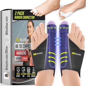 BLITZU Bunion Corrector for Women and Men. Orthopedic Bunion Splint, Big Toe Separator Pain Relief, Non-Surgical Hallux Valgus Correction, Hammer Toe Straightener, Day Night Support (2 Count)
