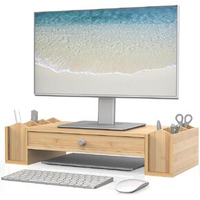 حامل شاشة مع درج وحامل أقلام، منظم مكتب مع مساحة تخزين للكمبيوتر المحمول iMac، Natural Banboo in Kuwait