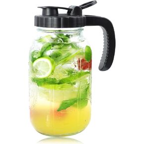 Glass Mason Jars Pitcher With Spout Lids 2 Quart Airtight Breastmilk Pitcher For Fridge Half Gallon Wide Mouth Water Jugs 64 Oz With Top Flip Cap for Cold Coffee, Ice Sun Tea,Lemonade Leakproof
