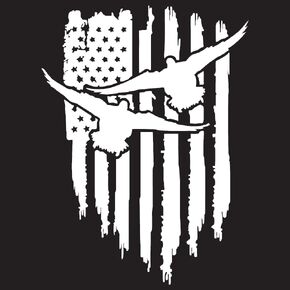 American Flag Hanging with Ducks Vinyl Decal | 7 X 5 inches White | Patriotic Hunting Waterfowl Geese Car Truck Window Sticker