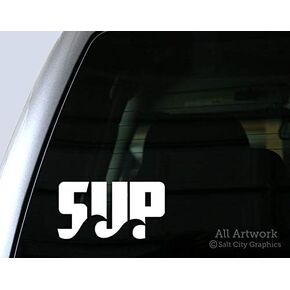 SUP Decal - Stand Up Paddle Board Sticker - Water Sports Recreation Waves Paddle Fast Gift - Vinyl Car Decal Bumper Sticker (5 inches Wide, White)