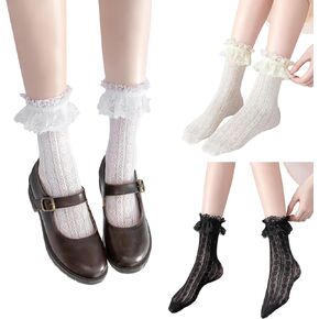 Littleforbig Ruffle Cuff Lace Frilly Rose Heart Pattern Socks 3 Pairs - Black & White & Beige