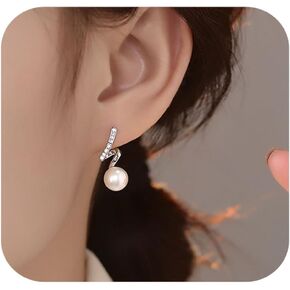S925 Sterling Silver 14K Gold Plated Tassel Pearl Dangle Earrings to Women Temperament Exquisite Shiny Zircon Earrings for Wedding Birthday Gift for Women Girls