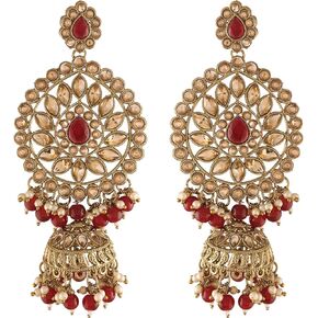 أقراط I Jewels الهندية التقليدية المطلية بالذهب مع لمسة نهائية مذهلة من الكوندان واللؤلؤ Jhumka للنساء/الفتيات (E2863)