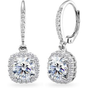 Sterling Silver Cushion-Cut Dangle Halo Leverback Earrings Made with AAA Cubic Zirconia