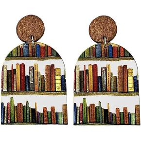 Book Earrings for Women Girl Classic Resin Stack of Books Shelves Teardrop Drop Earrings Cute Cat Dog Butterfly Moon Rabbit Bookcase Wooden Dangle Earrings for Teacher Book Lovers