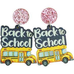 Teacher's Day Earrings Funny Pencil School Bus Apple Heart Wooden Dangle Earrings Shinning Giltter First Day of School Acrylic Drop Earrings for Women Back to School Jewelry Gifts