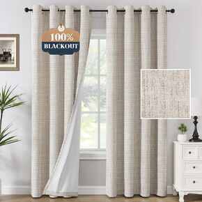 H.VERSAILTEX Chenille Curtains 96 inch Length 2 Panels 100% Blackout Drapes for Bedroom Living Room with White Flocking Coating Back Thermal Insulated Anti-Rust Grommet(52x96 inch, Heathered Natural)