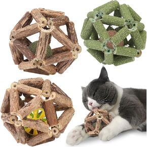 3Pcs Cat Catnip Toy, Natural Silvervine Catnip Ball Toy with Bell, Interactive Cat Toys for Indoor Cats Kitten, Cat Chew Toy for Cleaning Teeth, Relieves Anxiety and Loneliness