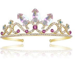 Princess Crown Halloween Cosplay Bridal Wedding Crystal Hair Tiara Sparkle Gold Crown Rapunzel Tiara for Women Girls Costume Accessories Birthday Gift