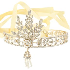 EVER FAITH 1920s Gatsby Party Wedding Movie Inspired Leaf Simulated Pearl Headband Hair Tiara Costumes Accessories for Women