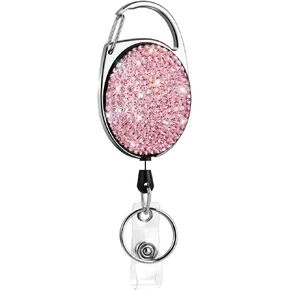 SAVORI Retractable Badge Holder with Belt Clip Key Ring Bling Rhinestones ID Card Badge Reel 24 inches Cord for Nurse Student Teacher (Oval Pink)