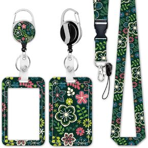ID Badge Holder with Lanyard, Retractable Badge Reel Clip for Nurse Doctor, Detachable Neck Lanyard Strap ID Card Holder Keychain Lanyards for Students Teacher Office Staff (Flower 4)