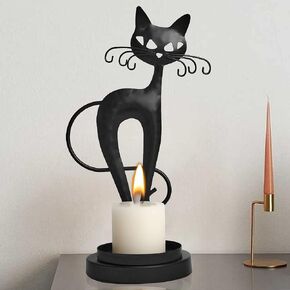 Black Cat Candle Holder for Pillar Candle Led Flameless Candles, Retro Rustic Farmhouse Home Metal Cat Decor Candlestick for Centerpiece, Dining Table, Housewarming Gifts(New)